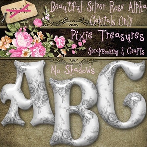 Printable Silver Rose Alphabet - Capital Letters Only