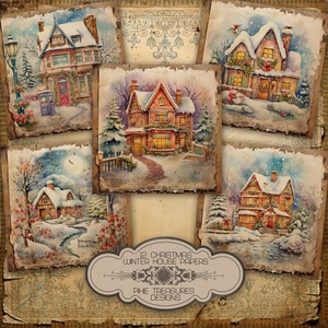 12 Christmas Winter House Papers, Xmas Pages, Papercraft Pastels, Holiday Journal Backgrounds, Scrapbooking.