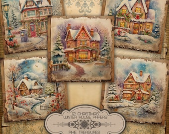 12 Christmas Winter House Papers, Xmas Pages, Papercraft Pastels, Holiday Journal Backgrounds, Scrapbooking. Made with AI assistance.