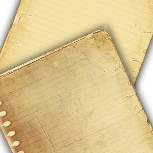May include: Two sheets of lined paper with a worn, aged appearance. The top sheet is a lighter yellow color and the bottom sheet is a darker brown color. The bottom sheet has a row of holes along the left edge.