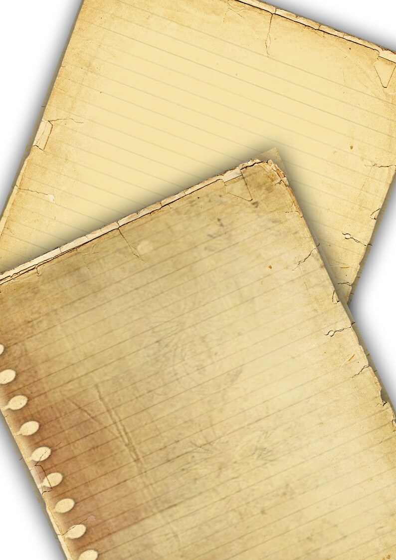 May include: Two sheets of lined paper with a worn, aged appearance. The top sheet is a lighter yellow color and the bottom sheet is a darker brown color. The bottom sheet has a row of holes along the left edge.