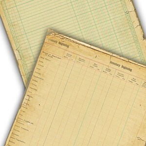 May include: A vintage ledger page with a grid pattern and handwritten text. The page is titled "Inventory Beginning" and lists various items such as money on hand, real estate, crops, livestock, and other goods. The page is yellowed with age and has a worn, distressed look.