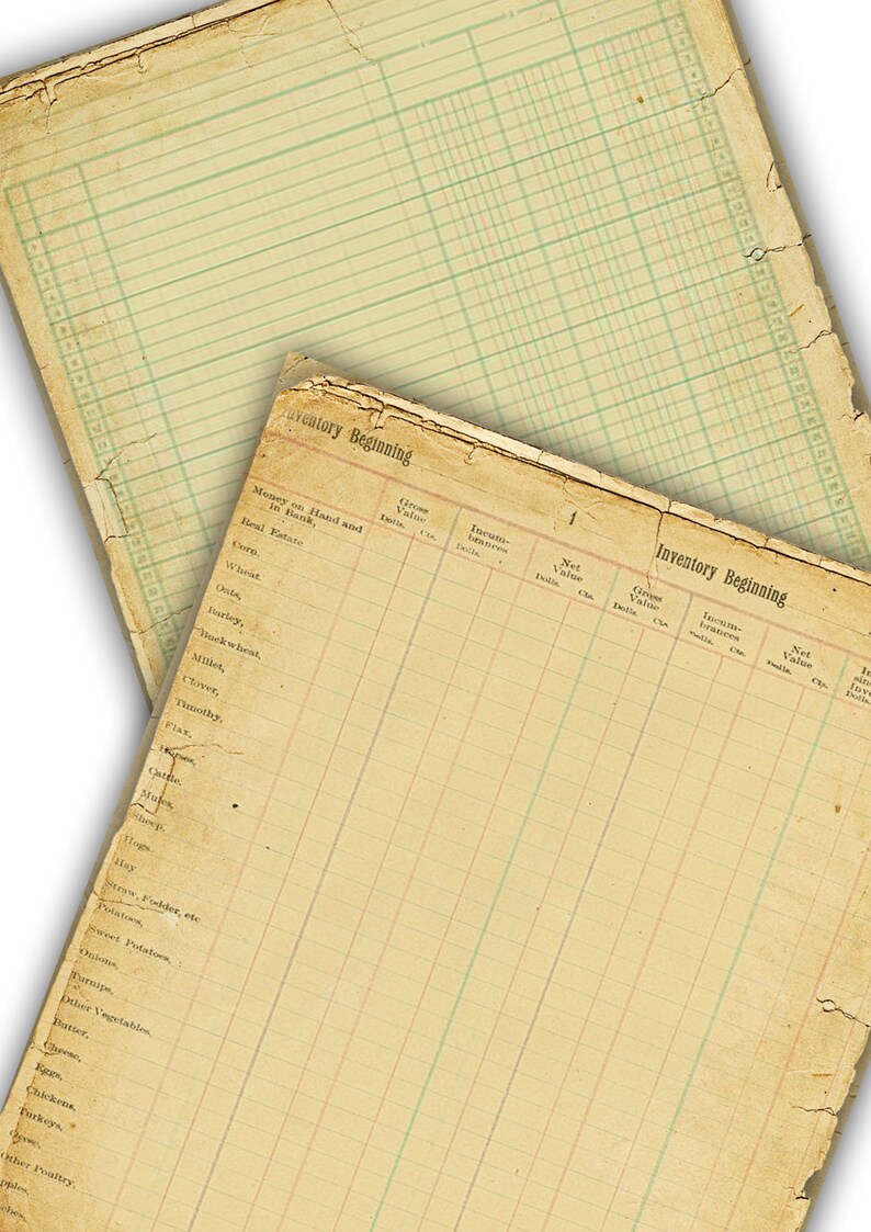 May include: A vintage ledger page with a grid pattern and handwritten text. The page is titled "Inventory Beginning" and lists various items such as money on hand, real estate, crops, livestock, and other goods. The page is yellowed with age and has a worn, distressed look.