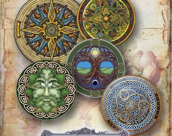 May include: Five round Celtic-inspired designs with intricate patterns and symbols. The designs feature a compass, a tree of life, a green man, a Celtic knot, and a circle with a cross.