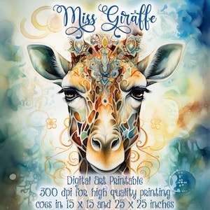 Digital Art Printable, Miss Giraffe, Watercolour style, fun home decor,