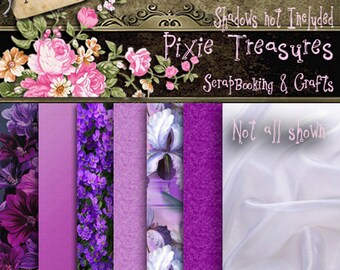 May include: A set of digital papers in various shades of purple, featuring floral and abstract designs. The papers are labeled "Passionate Purple Kit: Papers" and "Pixie Treasures Scrapbooking & Crafts".