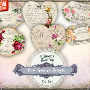 12 Tag Printable Ephemera and Flowers Tags