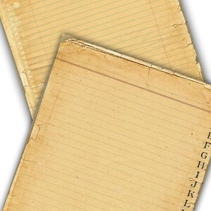 May include: Two sheets of lined paper with a yellowed, aged appearance. The top sheet is partially covering the bottom sheet. The bottom sheet has an alphabet index on the right side, starting with the letter E.