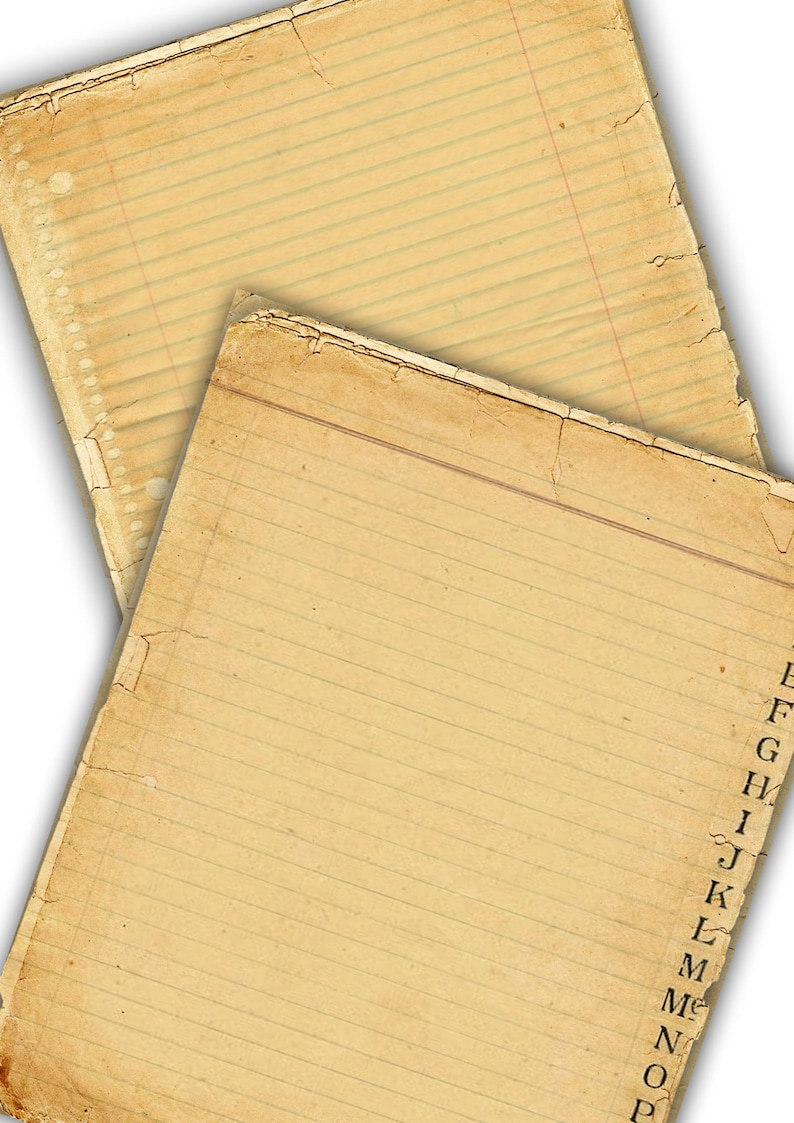 May include: Two sheets of lined paper with a yellowed, aged appearance. The top sheet is partially covering the bottom sheet. The bottom sheet has an alphabet index on the right side, starting with the letter E.