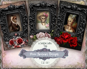 Skeleton Ladies Halloween Tags, Printable Goth Tags (PDF)