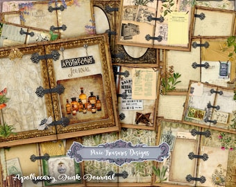 May include: A vintage-style apothecary journal with a brown leather cover and metal clasps. The journal has a title page that says "Apothecary Journal" and features a variety of vintage illustrations and text.