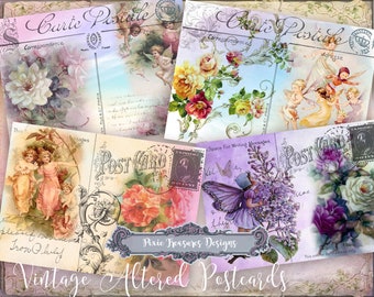 6 Vintage Altered Postcards Printables for Scrapbooking and Papercrafts