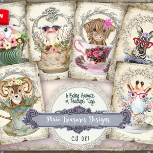 6 Tags Printable Cute Baby Animal in Teacup Tags Sweet Gift Tags