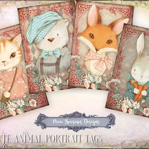 May include: Four printable tags featuring cute animal portraits. The tags are decorated with floral accents and a vintage-inspired design. The animals include a cat, a bear, a fox, and a rabbit.