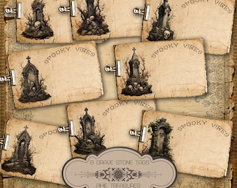 8 Tags Halloween Gravestone Printable Tags, Halloween Tags, Gravestone Tags.