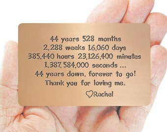 Handmade 44 Year Anniversary gift for man copper wallet insert romantic anniversary quote Thank You