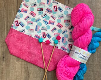 80’s Mix Tape Knitting Kit | Fun Retro Project Bag, Hot Pink & Teal Sock Yarn Set, Needle Stoppers | Gift for Knitters