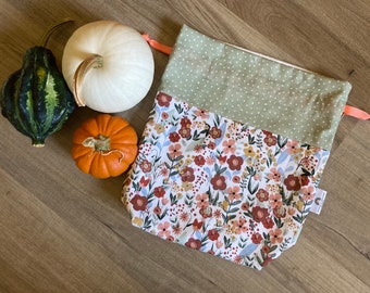 Floral Drawstring Project Bag: sock bag, knitting, crochet, cosmetic bag