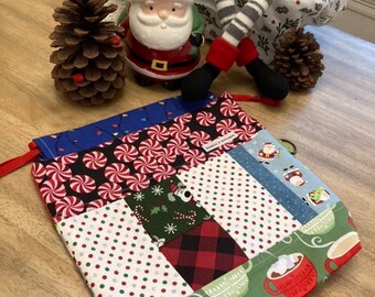 Holiday Scrappy Drawstring Project Bag: Crochet or Knitting Tote