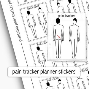 pijntrackerstickers - afdrukbaar - lichaamsdiagram - lichaamspijn - commercieel gebruik toegestaan - pijngrafiek - zwart-witplanner