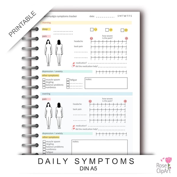symptoms tracker a5 - instant download - printable fibromyalgia symptoms tracker - planner page - commercial use allowed - pain depression