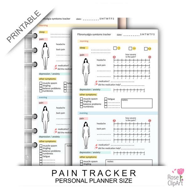 pain tracker - personal size - printable symptoms tracking - instant download - pain depression diary