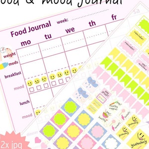 afdrukbaar voedsel- en stemmingsdagboek - menudagboek en paginamarkeringen - stemmingsgrafiek - maaltijdtracker - planner - direct downloaden - eetstoornis