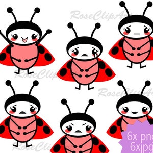 schattige emotie clip art lieveheersbeestje clipart - instant download - 6x kawaii stemming png - commercieel gebruik toegestaan - blije, verdrietige, boze gezichten clip art