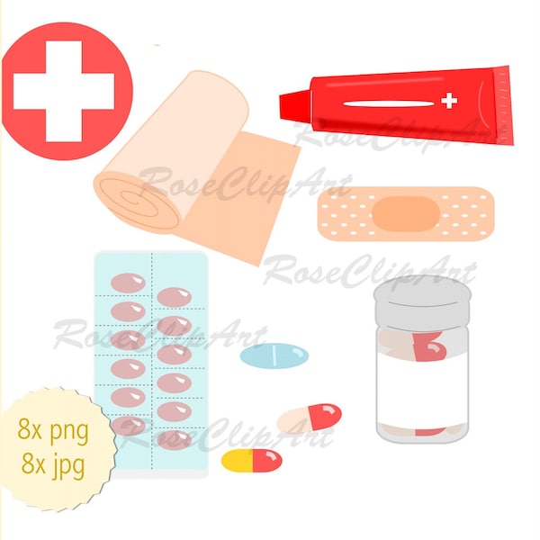 Erste Hilfe Set Clipart - Instant Download - Hausapotheke png - kommerzielle Nutzung - Pflaster Tabletten Salbe Medizin - Reiseapotheke png