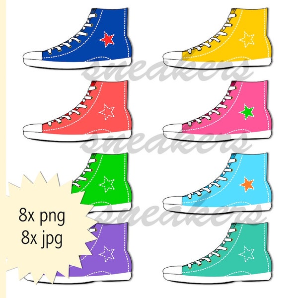 8x Turnschuh Clipart - Instant Download - Sportschuhe Clip Art png - kommerzielle Nutzung - Schuhe - bunt - für Teenies - bequeme Schuhe