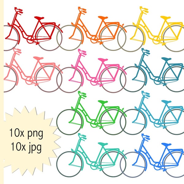 10x Fahrrad Clipart - Instant Download - Damenrad Clip Art png - kommerzielle Nutzung - bunte Fahrräder - Sommer Fahrrad - Stadtrad - Hip