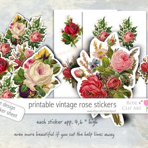 Grands autocollants imprimables vintage roses tatillons grappes de fleurs belle jolie rose collage ligne de coupe bricolage art et artisanat