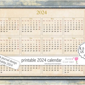 2024 vintage Kalender Montag Wochenbeginn ausdruckbar - Junk journal shappy Look - Instant Download - Englische Sprache