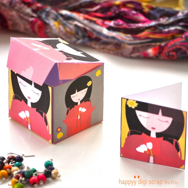 Boîte Kokeshi - téléchargement instantané - imprimable - fille japonaise - utilisations commerciales autorisées - rouge - jaune - faveur - fête - boîte - tulipes - printemps