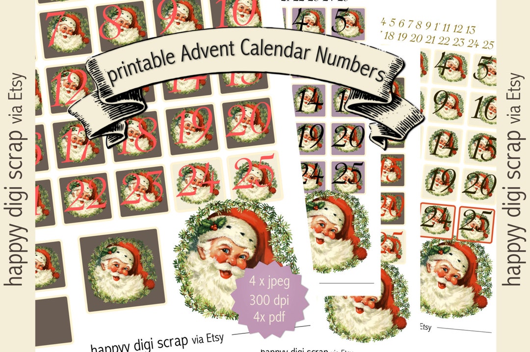 Printable Advent Calendar Numbers Instant Download Retro Clip Art