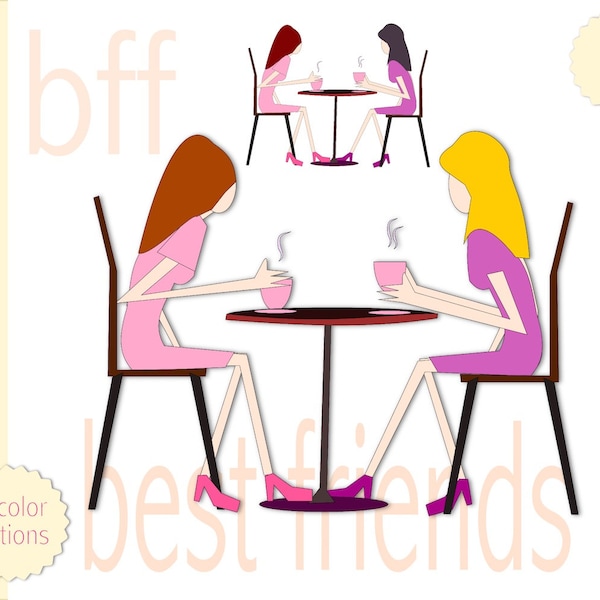 Freundinnen beim Kaffee Clipart - Instant Download - kommerzielle Nutzung erlaubt - Freundinnen png - beste Freundin Clipart - rosa, lila