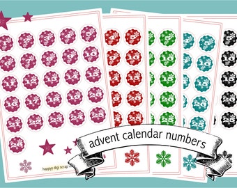 printable advent numbers - instant download - advent calendar - 5 different colored designs-  number tags - number labels - ON SALE