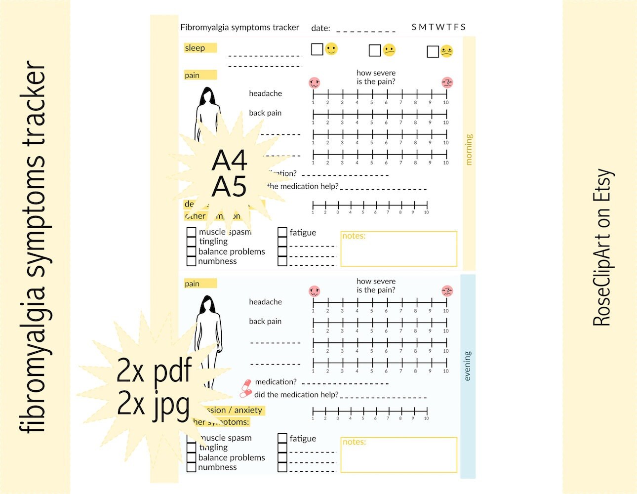 Pain Tracker A4 A5 Instant Download Printable Fibromyalgia Etsy