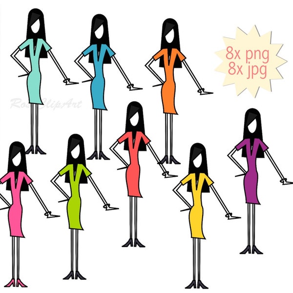 8x selbstbewusste Frau Clipart - Instant Download - Boss Woman png - kommerzielle Nutzung erlaubt - It-Girl  - Catwalk Mode Kleid