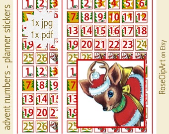 ausdruckbare Adventskalender-Sticker - Instant Download - Zahlensticker - kommerzielle Nutzung erlaubt - Zahlensticker 1-26 - Weihnachten