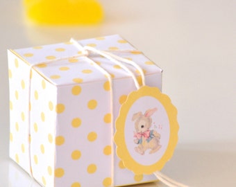 yellow polka dot box - instant download - with bunny gift tag - commercial use allowed - gift box for children - kawaii - pastel colored