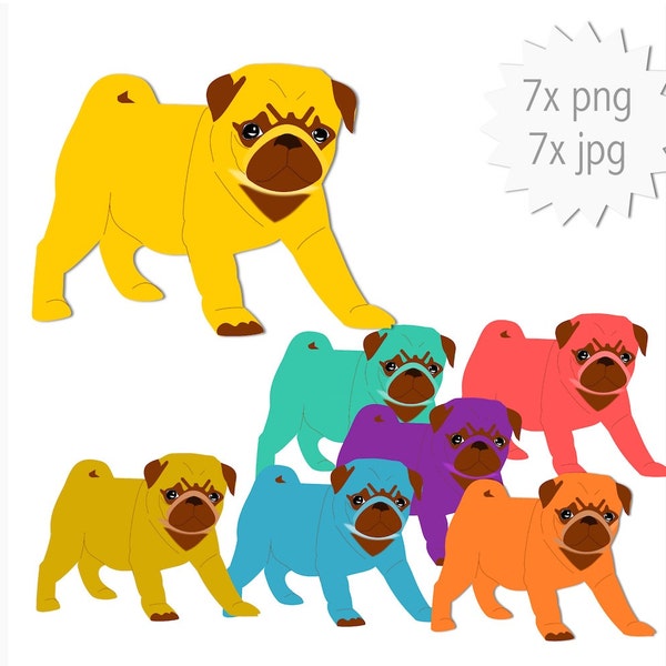 7x Mops Clipart - Instant Download - kleiner Hund Clip Art png - kommerzielle Nutzung erlaubt -  Hundesitter - Mops Hunde Clip Art - bunt