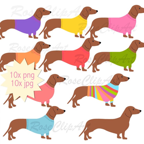 Dackel Clipart - Instant Download - lustiger Dackel mit Pullover png - kommerzielle Nutzung - Clipart Hund - für Hundeliebhaber - bunt