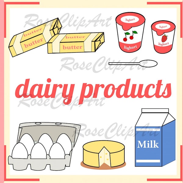 Milchprodukte Clipart - Instant Download - png - Milch Eier Käse Joghurt Clipart - kommerzielle Nutzung - Essen Clipart - Einkauf Clipart