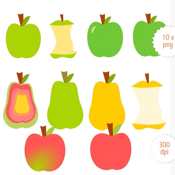 Apfel und Birne Clipart - Instant Download - Obst Clip Art png - Früchte - Birnenhälfte - Apfelgehäuse - kommerzielle Nutzung - grüner Apfel