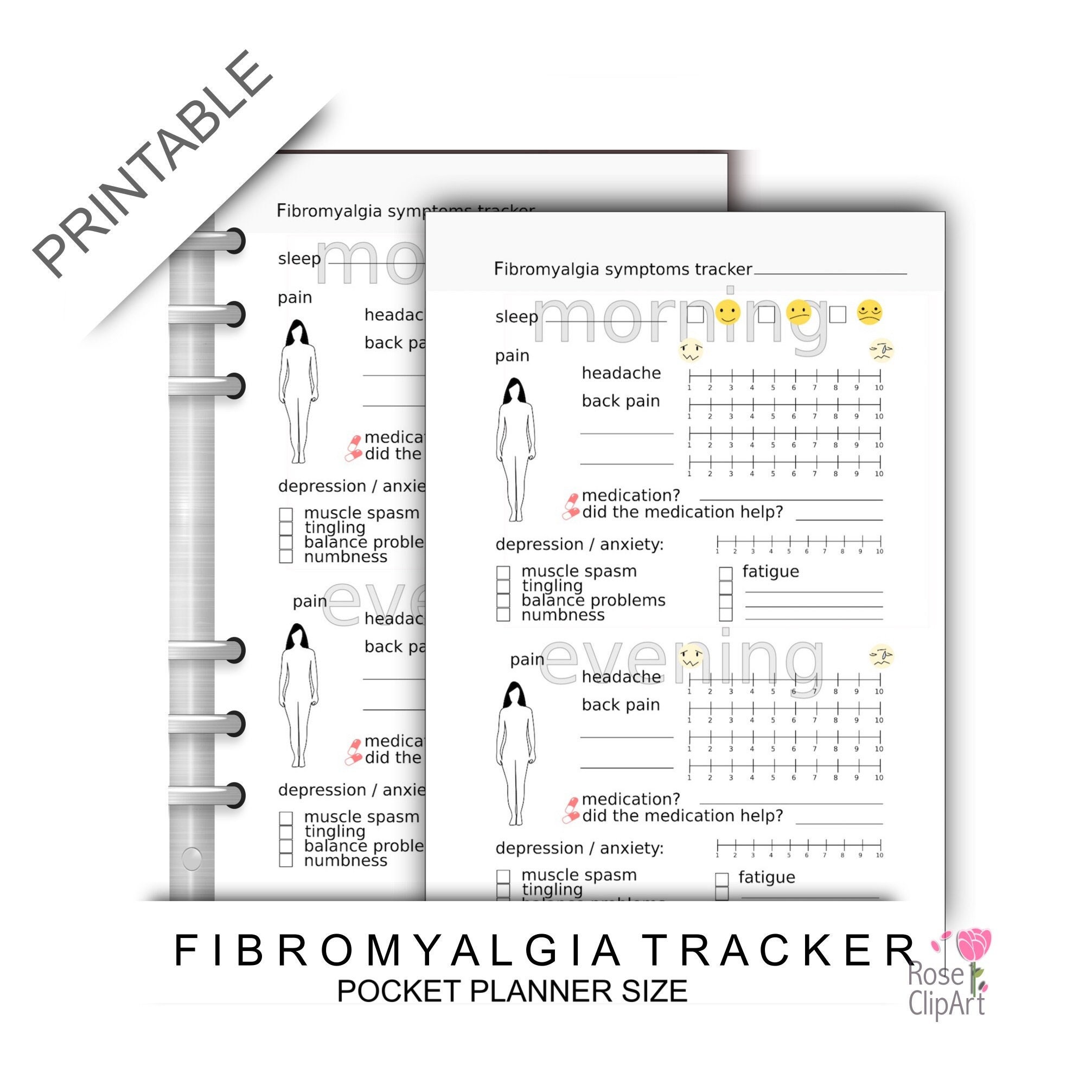fibromyalgia tracker - pocket planner size - instant download - printable symptoms tracking - commercial use allowed - pain depression diary