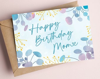 Happy Birthday Mom - Blue & Purple Floral Watercolor - 5x7 PRINTED Greeting Card -  Simply Stated Flowers Notecard