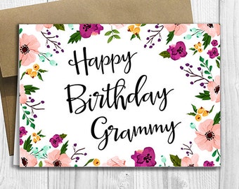 Happy Birthday Grammy - Floral Watercolor - 5x7 PRINTED Greeting Card - Flowers Notecard