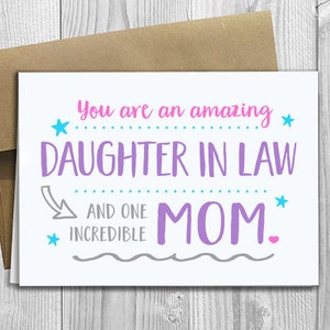 PRINTED You are an amazing Daughter in Law and one incredible Mom -  5x7 Greeting Card - Mother&#39;s Day / Birthday / Any Occasion