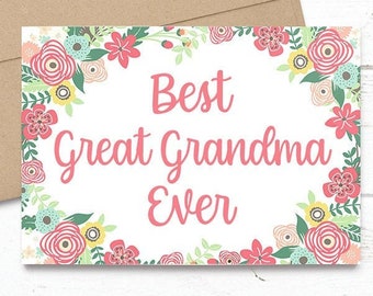 Best Great Grandma Ever - Mother's Day / Birthday / Any Occasion -  5x7 PRINTED Floral Watercolor Greeting Card - Flowers Notecard
